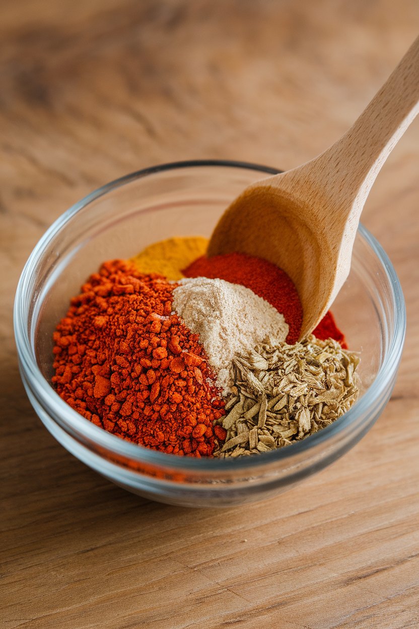 A small mixing bowl with a colorful pile of paprika, garlic powder, and dried oregano being stirred by a wooden spoon, no labels.