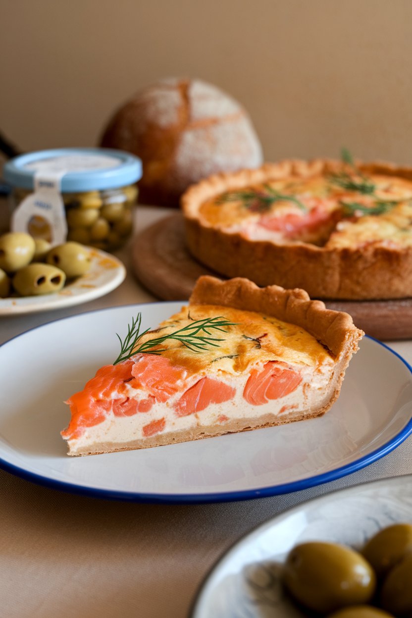 Indoor dining table featuring a quiche slice with visible flakes of cooked smoked salmon and dill sprigs, no raw fish, no text or logos.