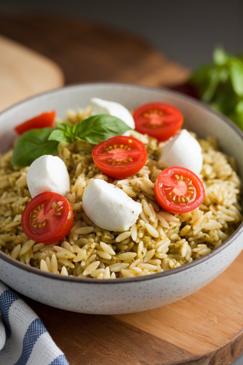 Indoor tabletop with a bowl of orzo tossed in pesto, halved cherry tomatoes, fresh mozzarella pearls, and basil leaves. No text or logos.