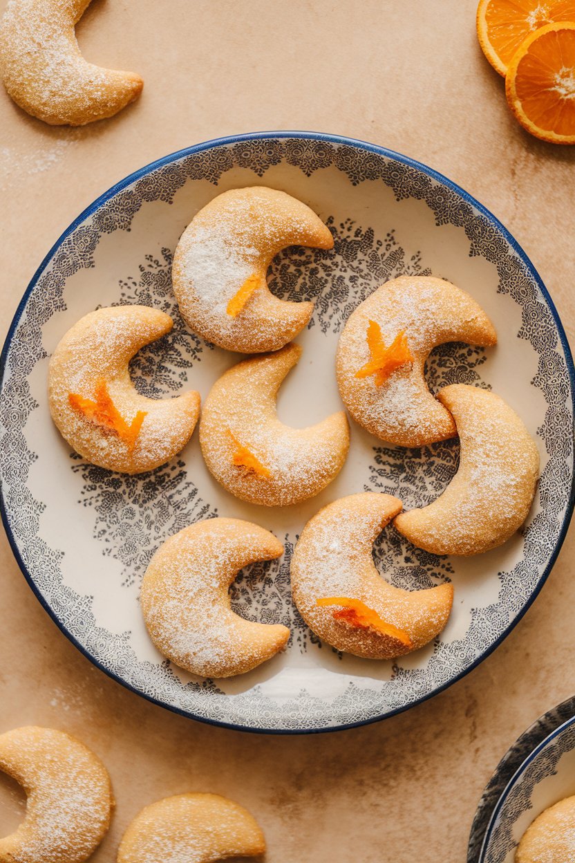 Crescent-shaped almond cookies on a porcelain indoor platter, hint of orange zest visible, light dusting of powdered erythritol. No branding.
