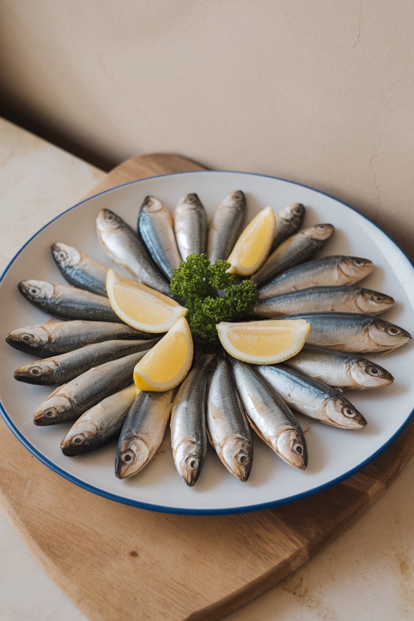 An indoor plate of cooked sardines with lemon wedges and parsley, no text or logos, photo only