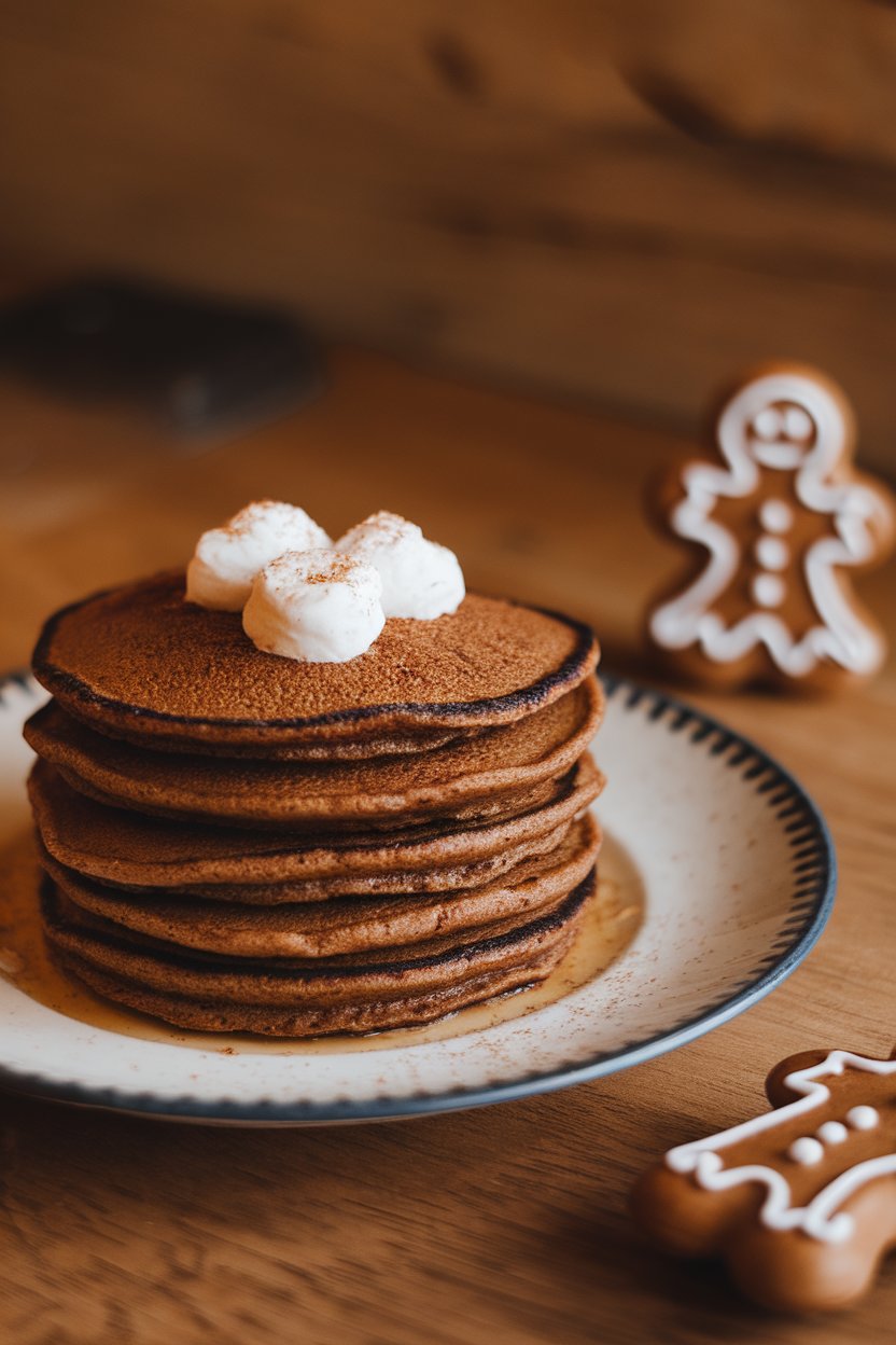 Indoor scene of dark spiced pancakes, tiny gingerbread spice jar beside plate, no logos, photo not illustration.