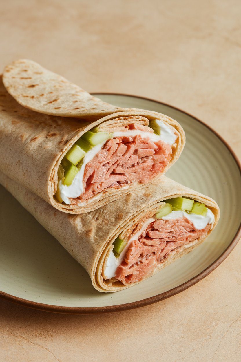 Whole-grain wrap on a plate, sliced to reveal tuna, celery, and Greek yogurt filling; indoor, no branding.