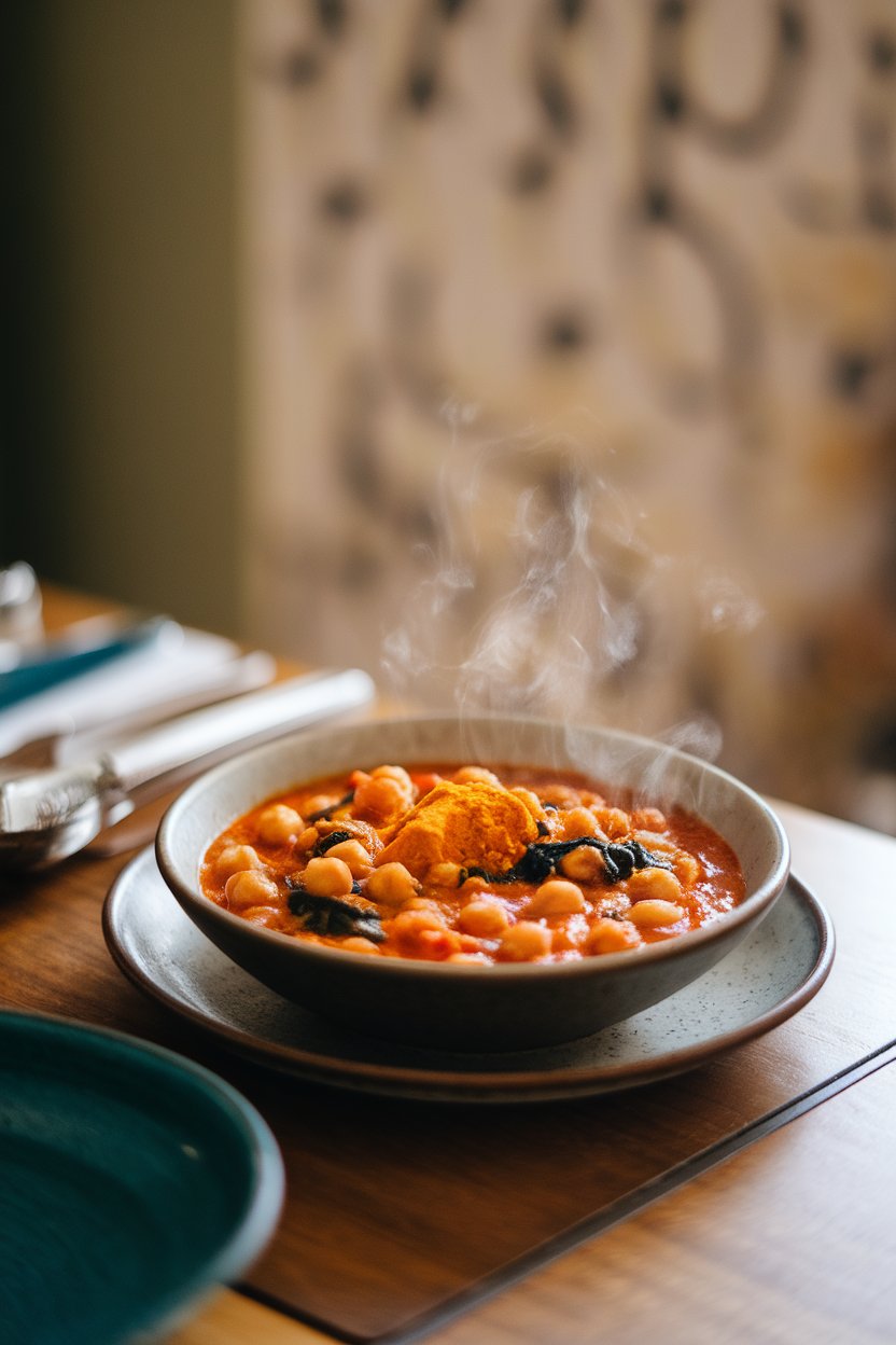 A bowl on an indoor dining table containing warm chickpea stew with tomatoes, spinach, and a hint of turmeric, steam visible. No text or logos in shot. Photo only.