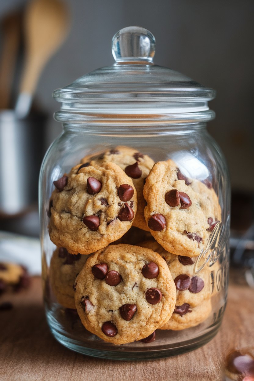 An indoor cookie jar filled with almond flour chocolate chip cookies, photo, no text or logos.