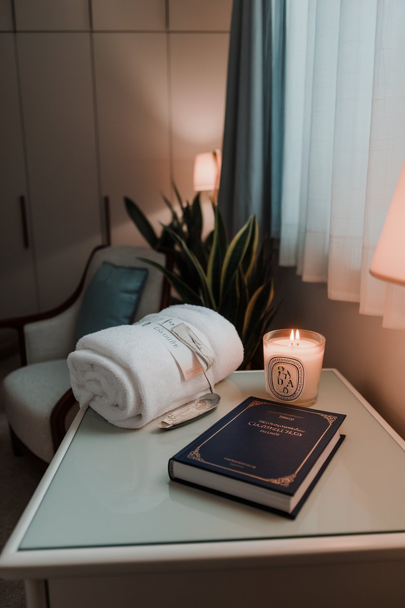 Spa towel, scented candle, and a hardcover book on a bedside table under soft lamp light, no brand logos.