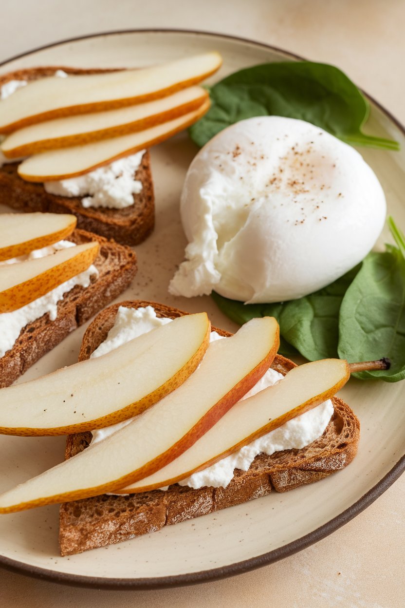An indoor breakfast plate with small whole-grain toast triangles spread with ricotta and topped with thin pear slices; no text or logos.