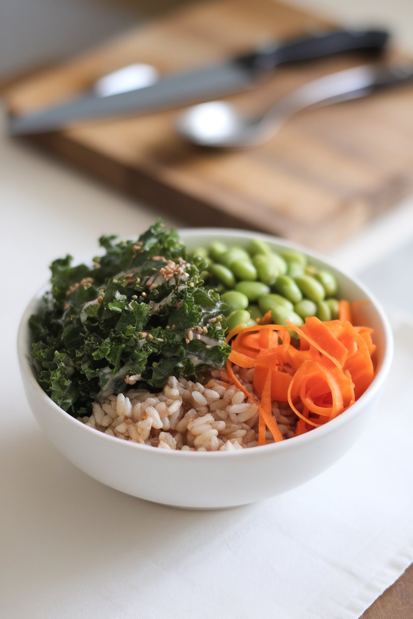 A clean white bowl indoors holding shredded kale massaged with sesame dressing, edamame, carrot ribbons, and brown rice at the base. No logos.