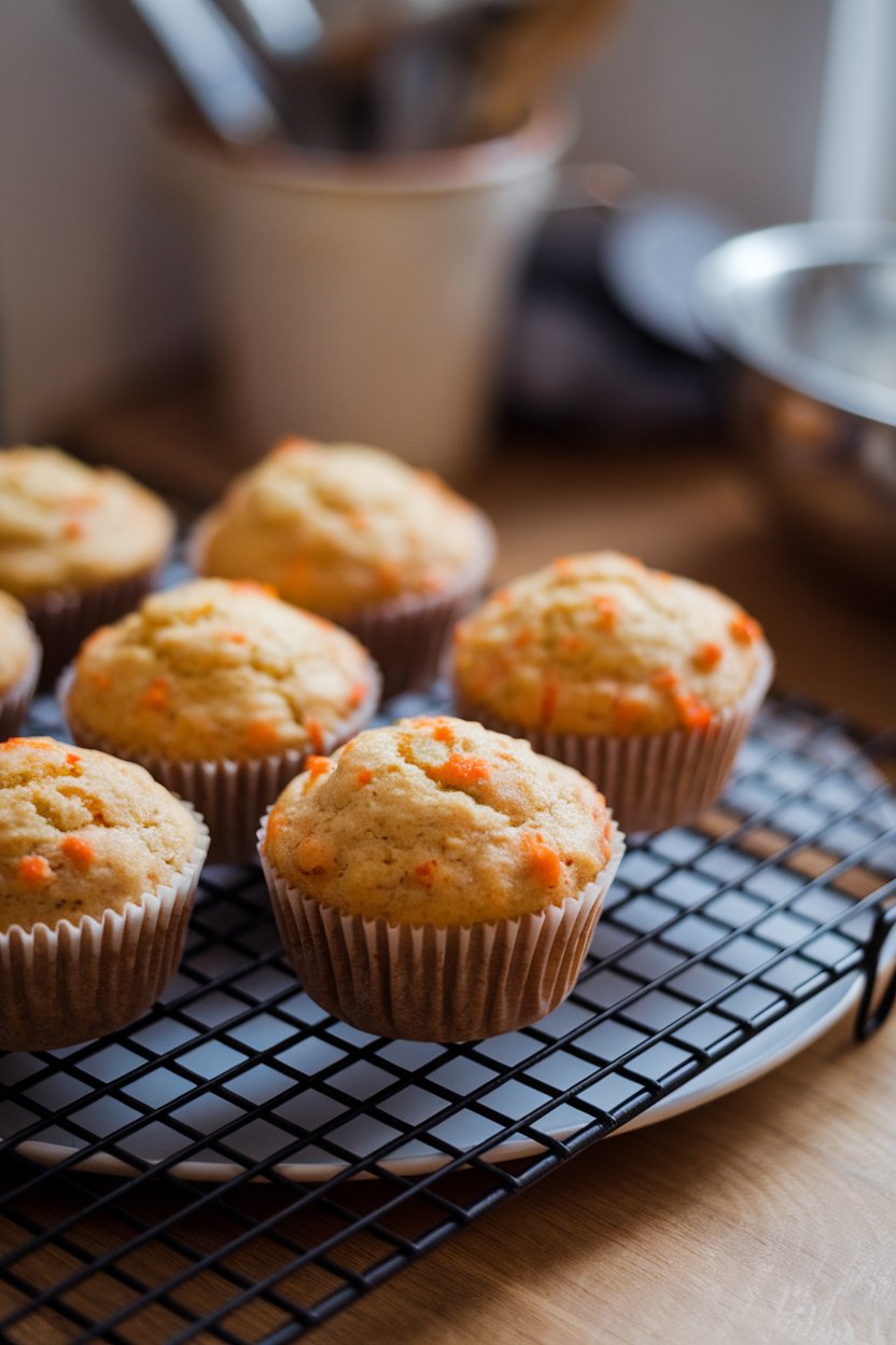 A cooling rack indoors holding soft carrot apple muffins with visible orange specks; no text or logos.
