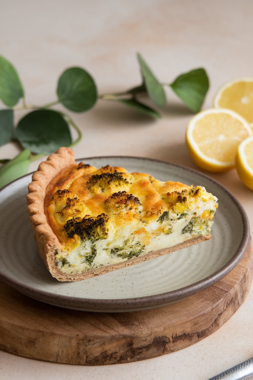 Indoor dining table view of a wedge of broccoli and cheddar quiche on a stoneware plate, whole-wheat crust visible and crisp—no text or logos.