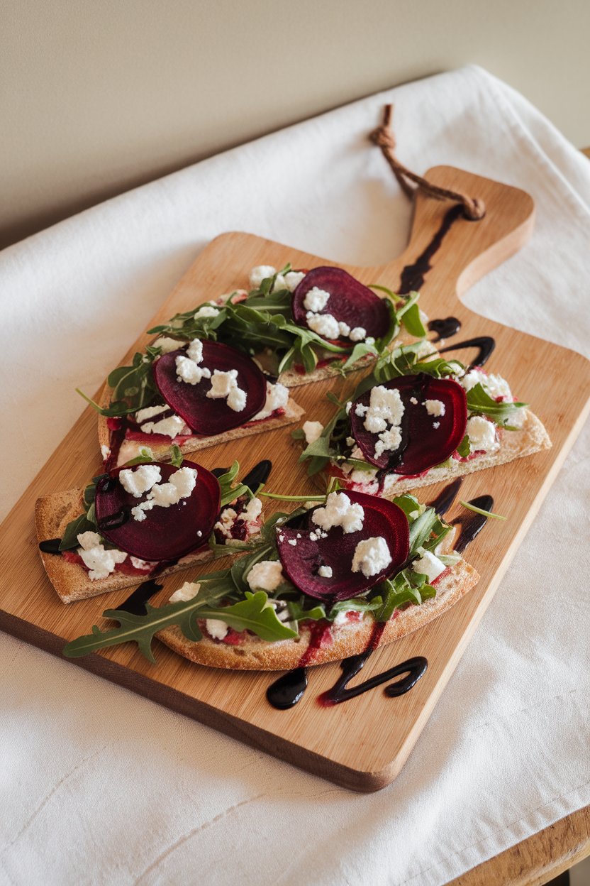 Photo prompt: Indoor cutting board with a sliced flatbread topped with thin beet rounds, crumbled goat cheese, arugula, and balsamic drizzle. No text or logos.