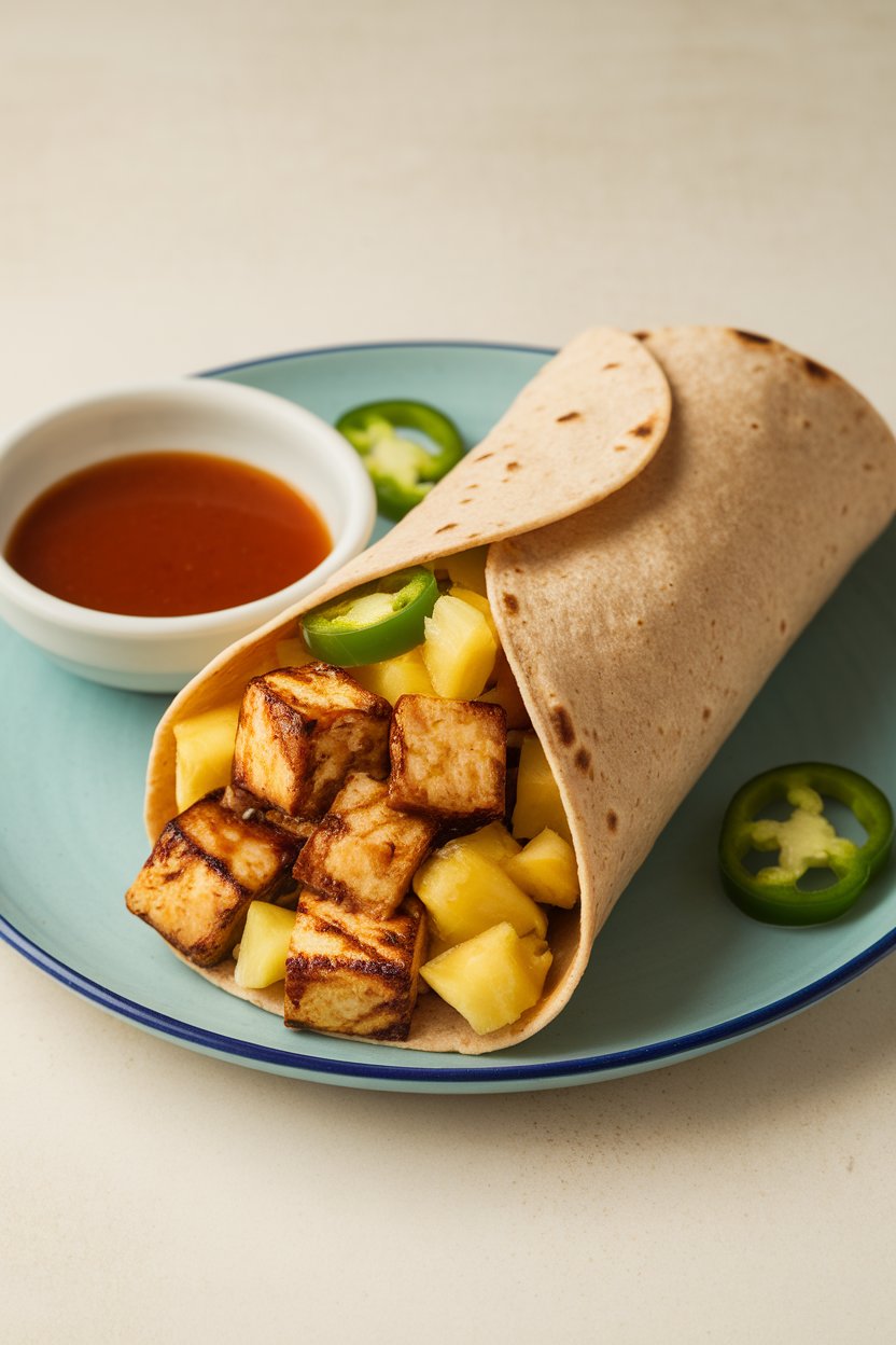 Indoor plate featuring a wrap stuffed with grilled tofu cubes, pineapple bits, and jalapeño slices in a wheat tortilla. No text or logos.