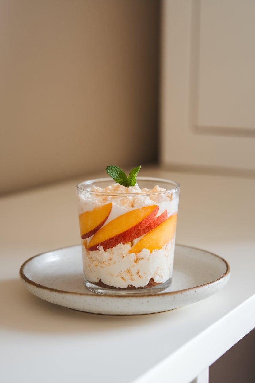 Indoor photo of a clear cup with layered cottage cheese and peach slices, tiny mint leaf garnish; neutral background, no text or logos