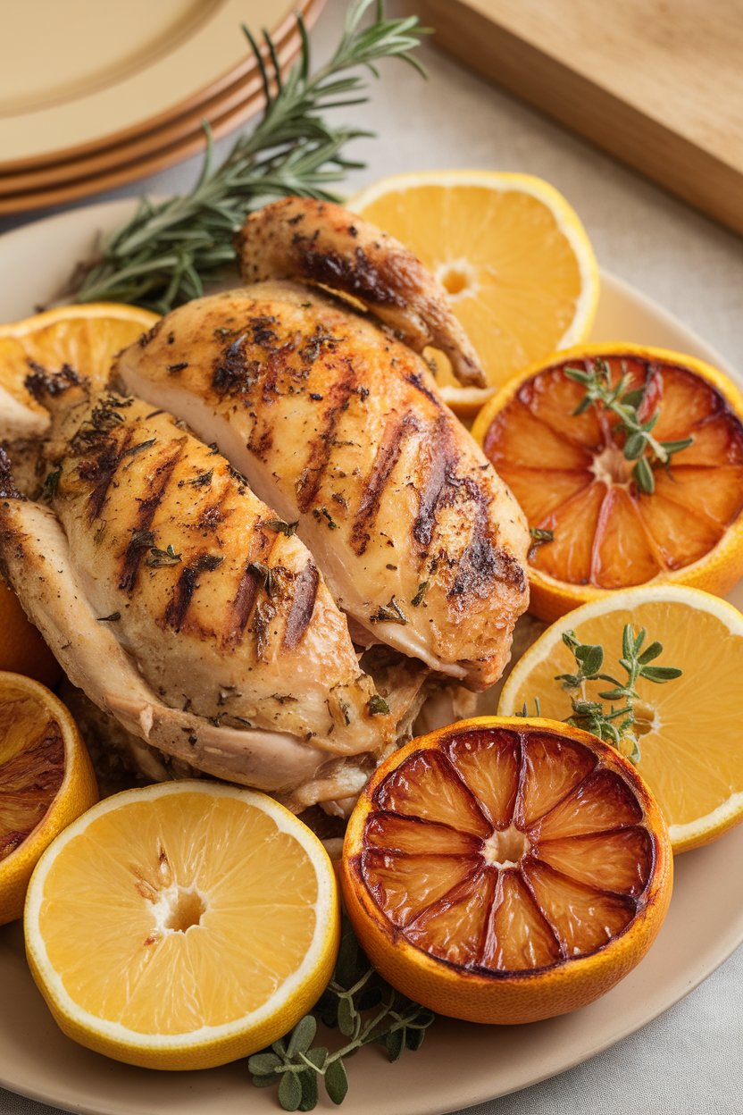 An indoor plate of lemon-herb grilled chicken alongside roasted citrus wedges and herbs; no logos. Photo.