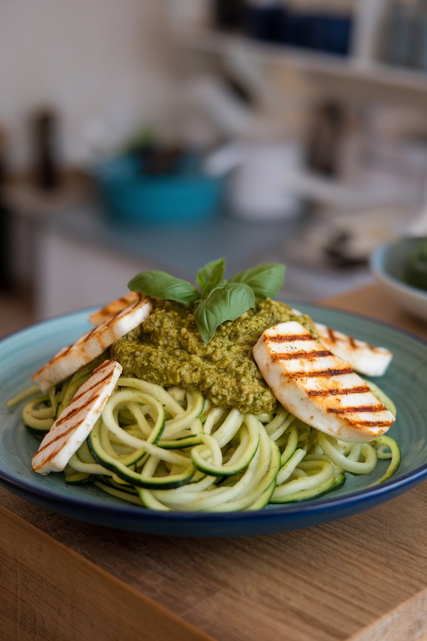 An indoor dining plate of zucchini noodles with pesto and grilled halloumi cheese; no logos. Photo.