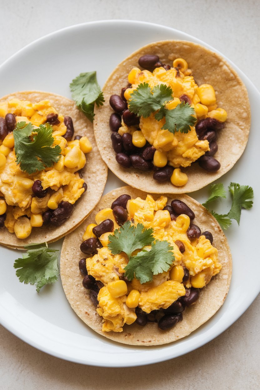 Three small corn tortillas indoors filled with scrambled eggs, black beans, and roasted corn, garnished with cilantro. No logos or text.