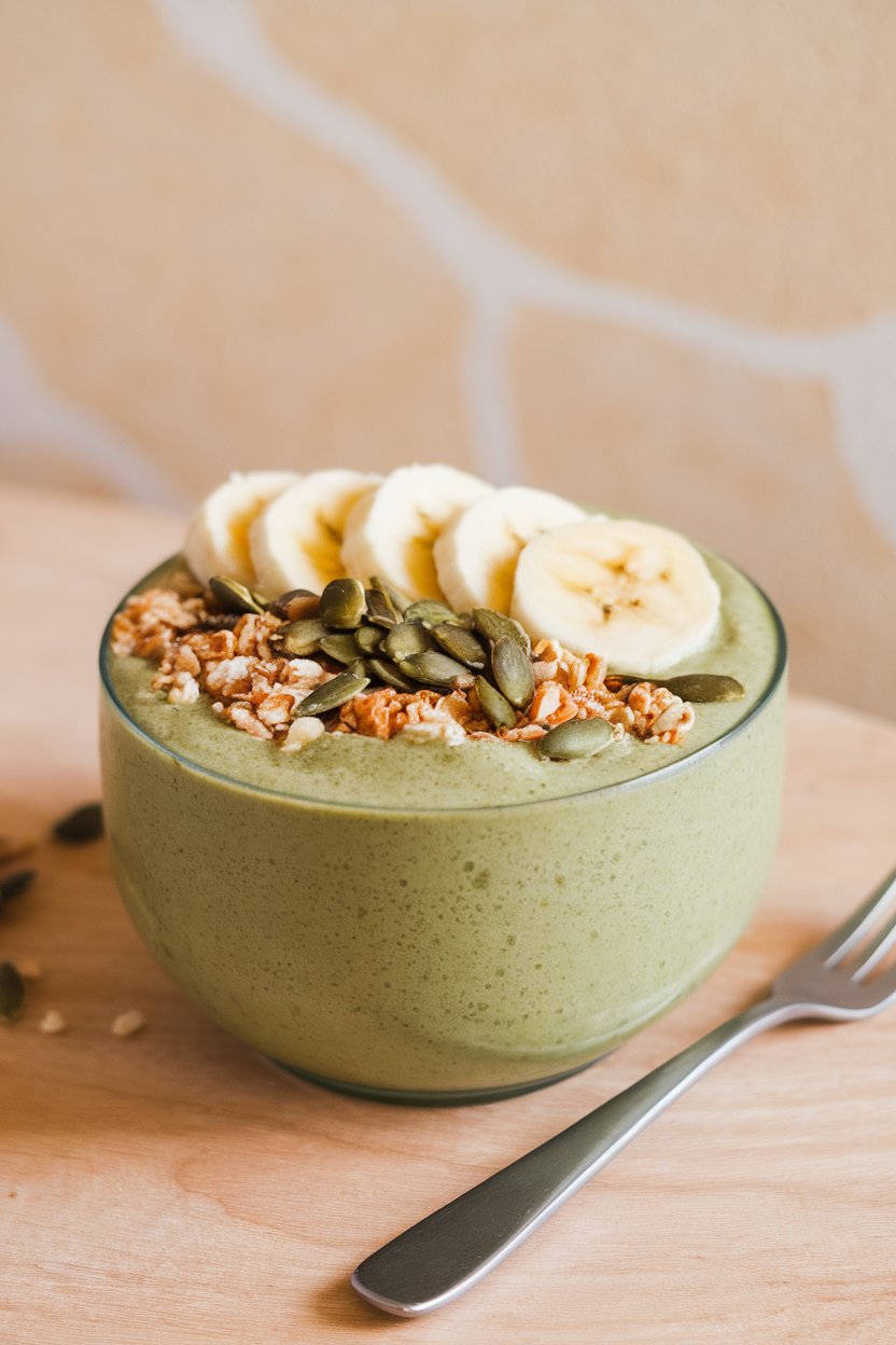 Photo of a thick green smoothie bowl topped with sliced banana, pumpkin seeds, and granola indoors; no text or logos anywhere.