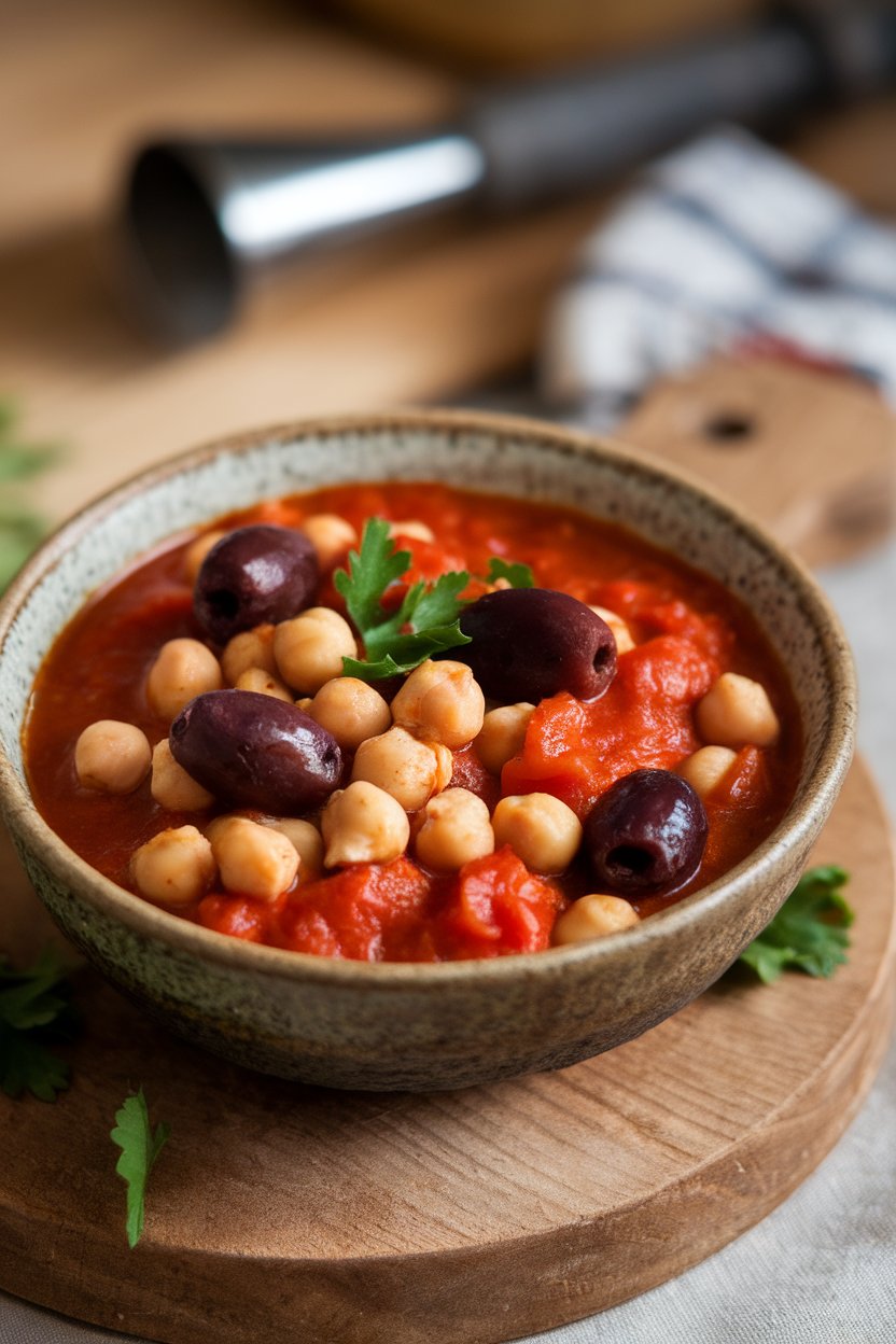 Indoor photo of stew featuring chickpeas, tomatoes, and Kalamata olives in a rustic bowl, parsley sprinkled, no text or logos