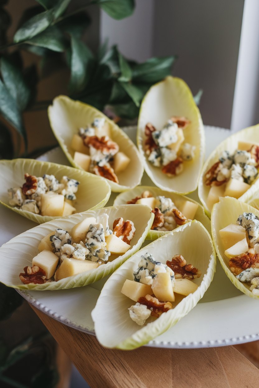 Belgian endive leaves filled with diced pear, crumbled blue cheese, and walnuts on an indoor white platter. No text or logos. Photo.