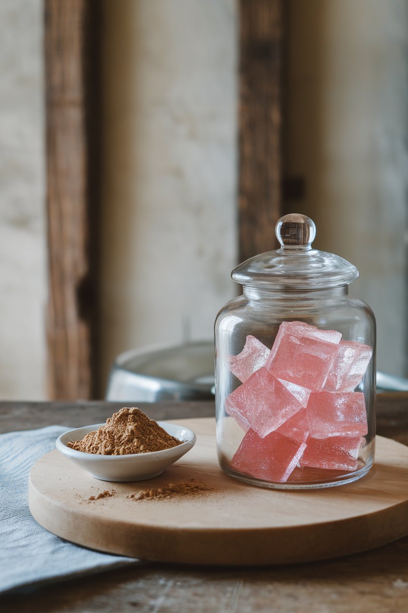An indoor glass jar filled with translucent pink gummy squares, powdered camu-camu in a small dish nearby. Photo only; no logos or text.