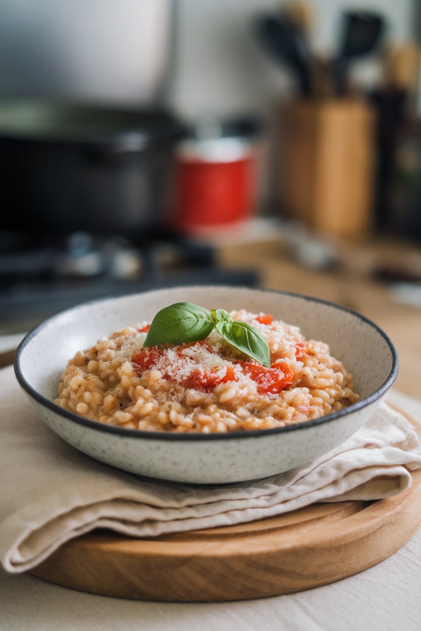 Indoor photo of creamy farro risotto with tomatoes and basil in a white bowl, no text or logos