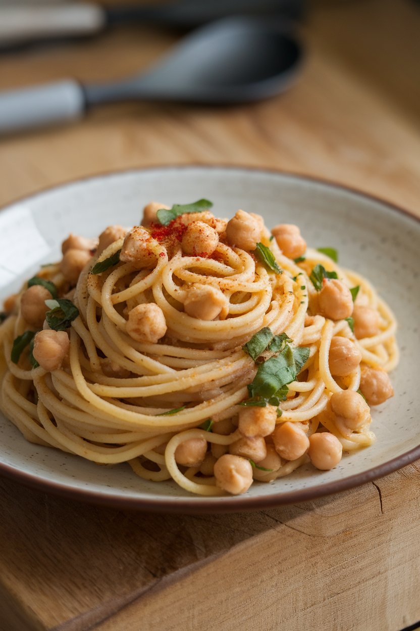 Indoor food photo of whole-wheat spaghetti twirled with chickpeas, olive oil, and herbs on a pasta plate; no text or logos.