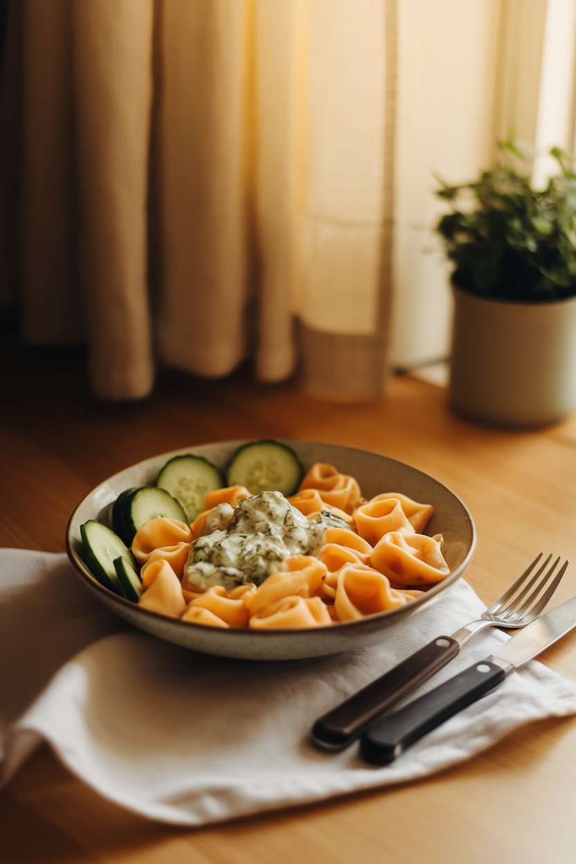 A warmly lit indoor counter with cheese tortellini, cucumber slices, and creamy herb dressing in a bowl; no text or logos.