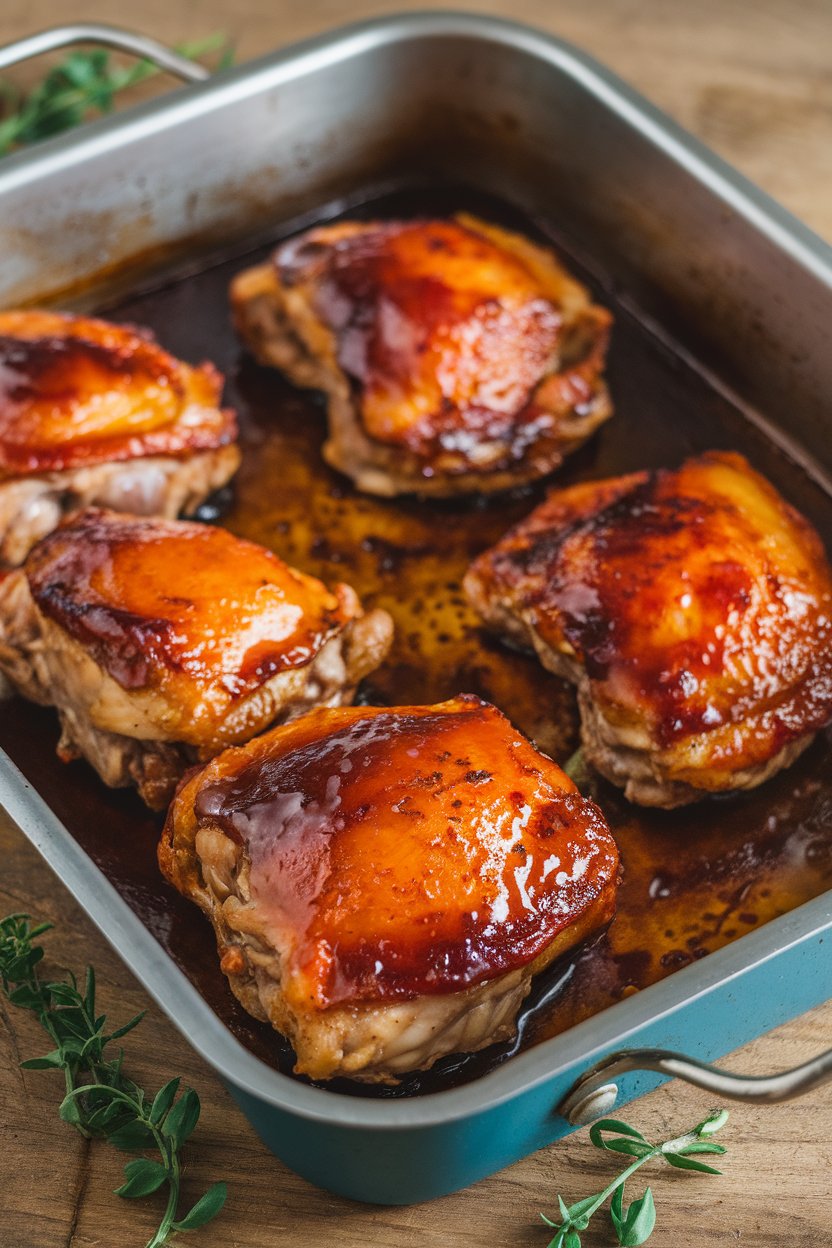 Indoor roasting pan with glazed chicken thighs caramelized at the edges. No brand names or text.