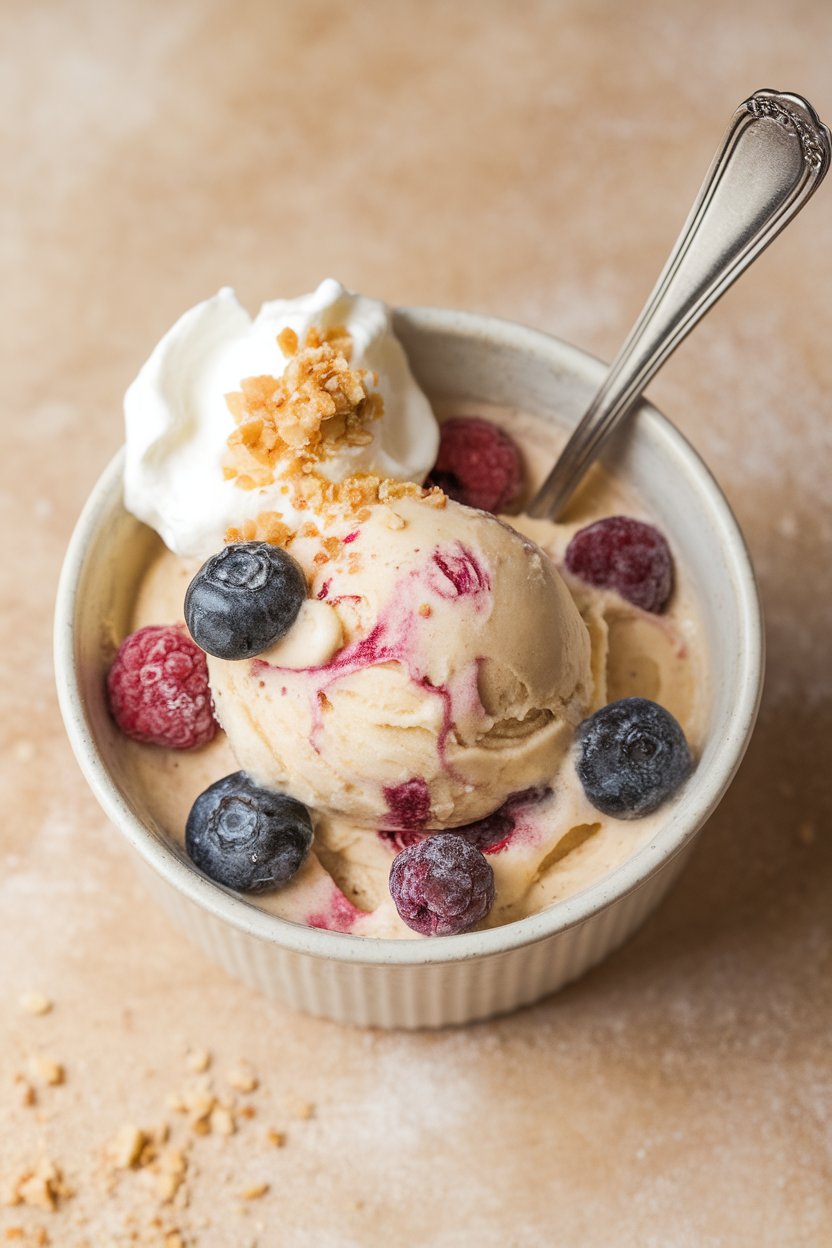 An indoor bowl of blended frozen banana “ice cream” studded with mixed berries, spoon resting inside. No text or logos. Photo, not illustration.
