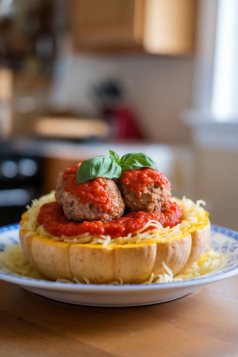An indoor plate of cooked spaghetti squash strands topped with turkey meatballs and marinara, basil garnish. No text or logos.