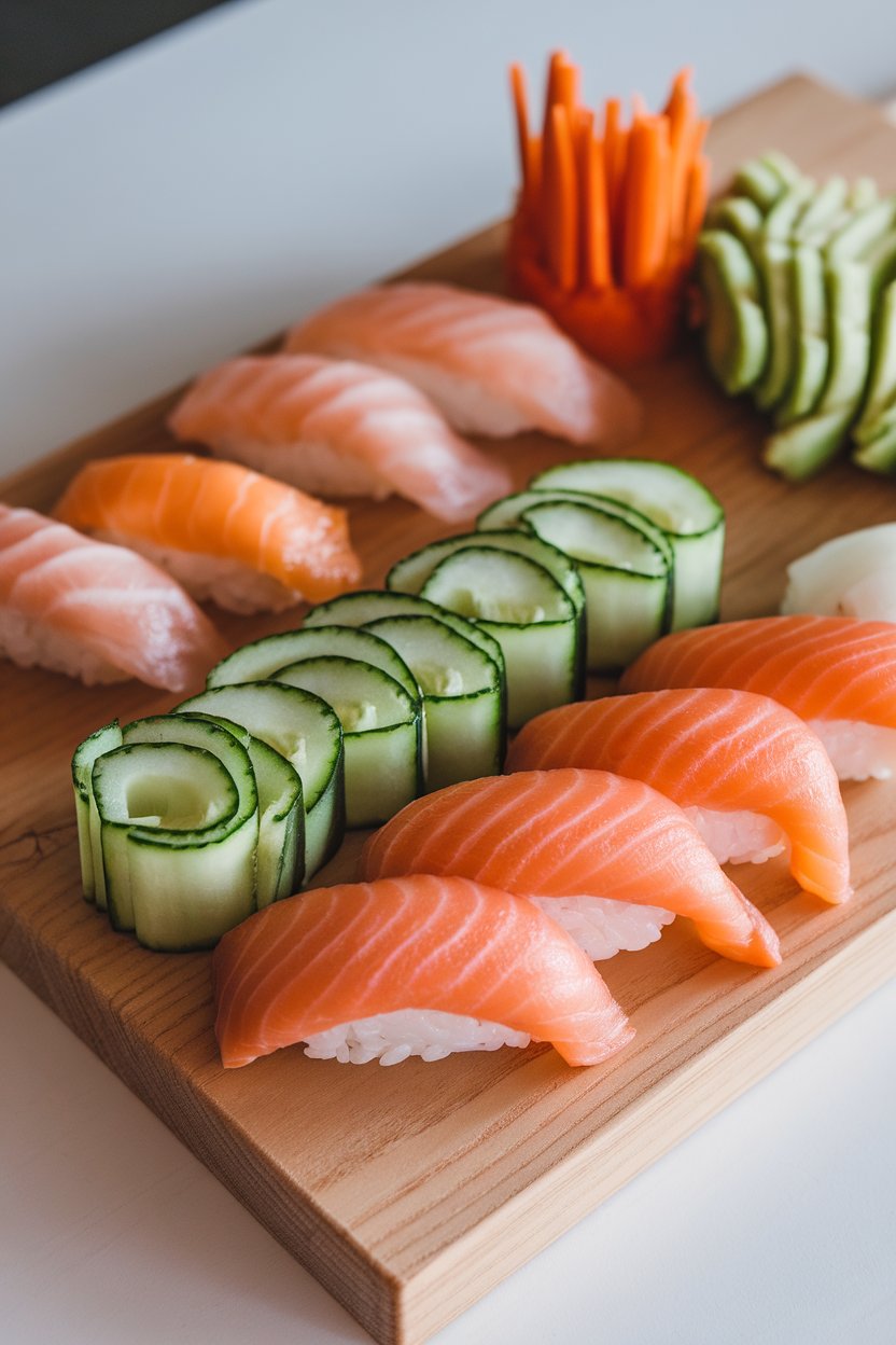 An indoor sushi board featuring cucumber ribbons rolled around smoked salmon, avocado, and carrot matchsticks. No text or logos. Photo, not illustration.