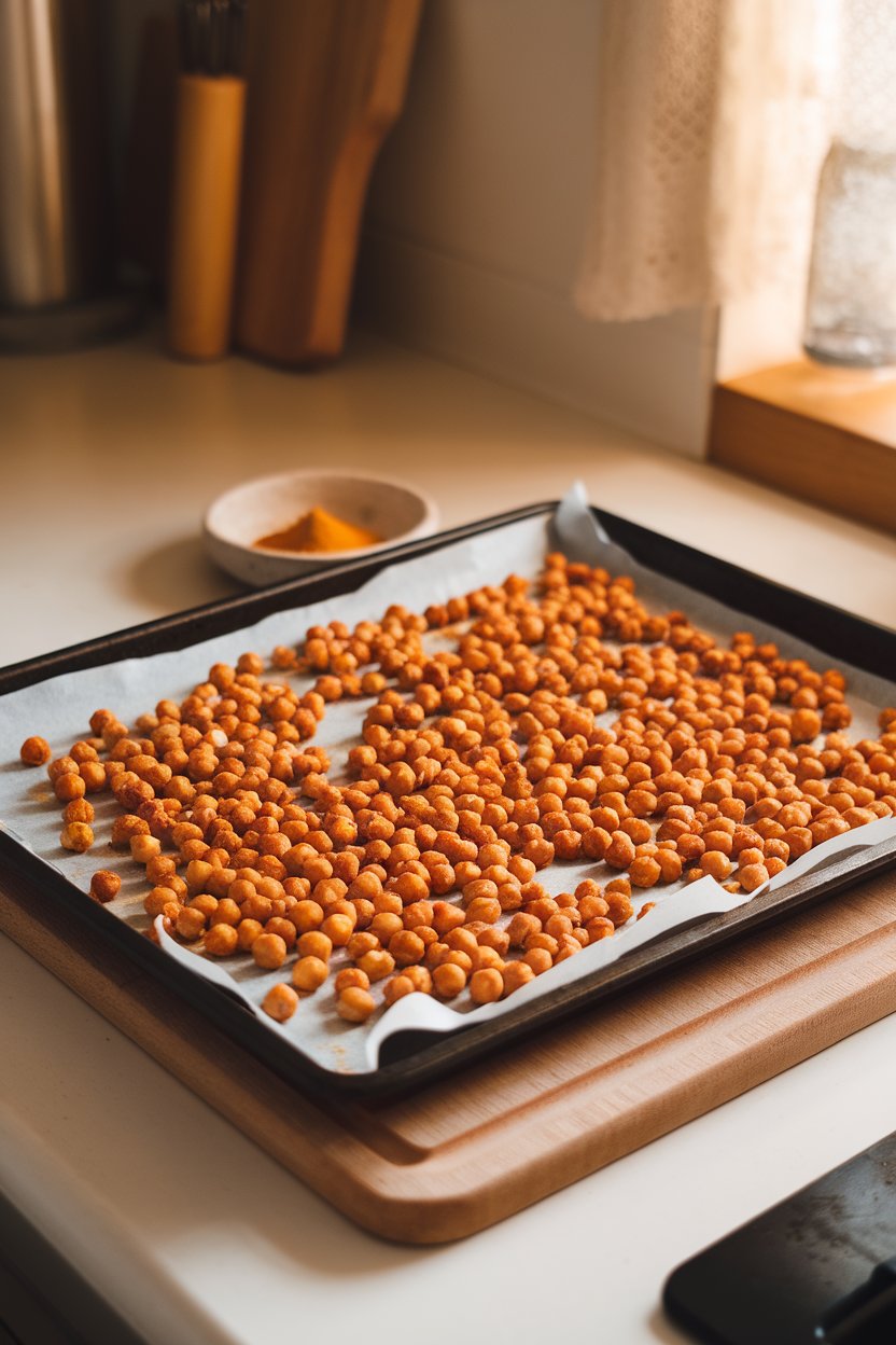 An indoor kitchen counter with a baking tray of golden roasted chickpeas seasoned with turmeric, paprika, and sea salt. Photo, no text or logos.