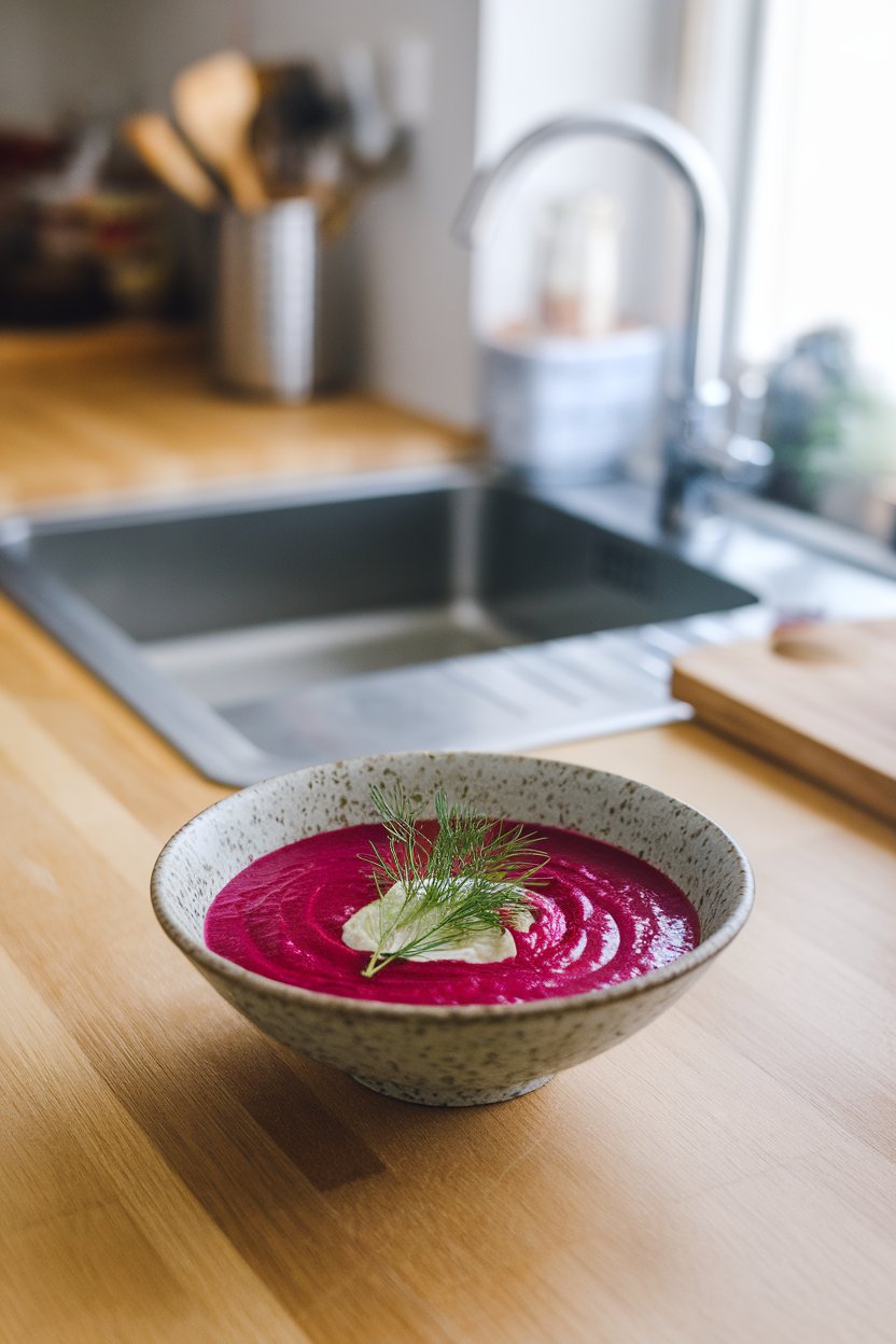 Indoor modern kitchen with bowl of magenta beet and fennel soup, fennel frond garnish. No text or logos. Photo.