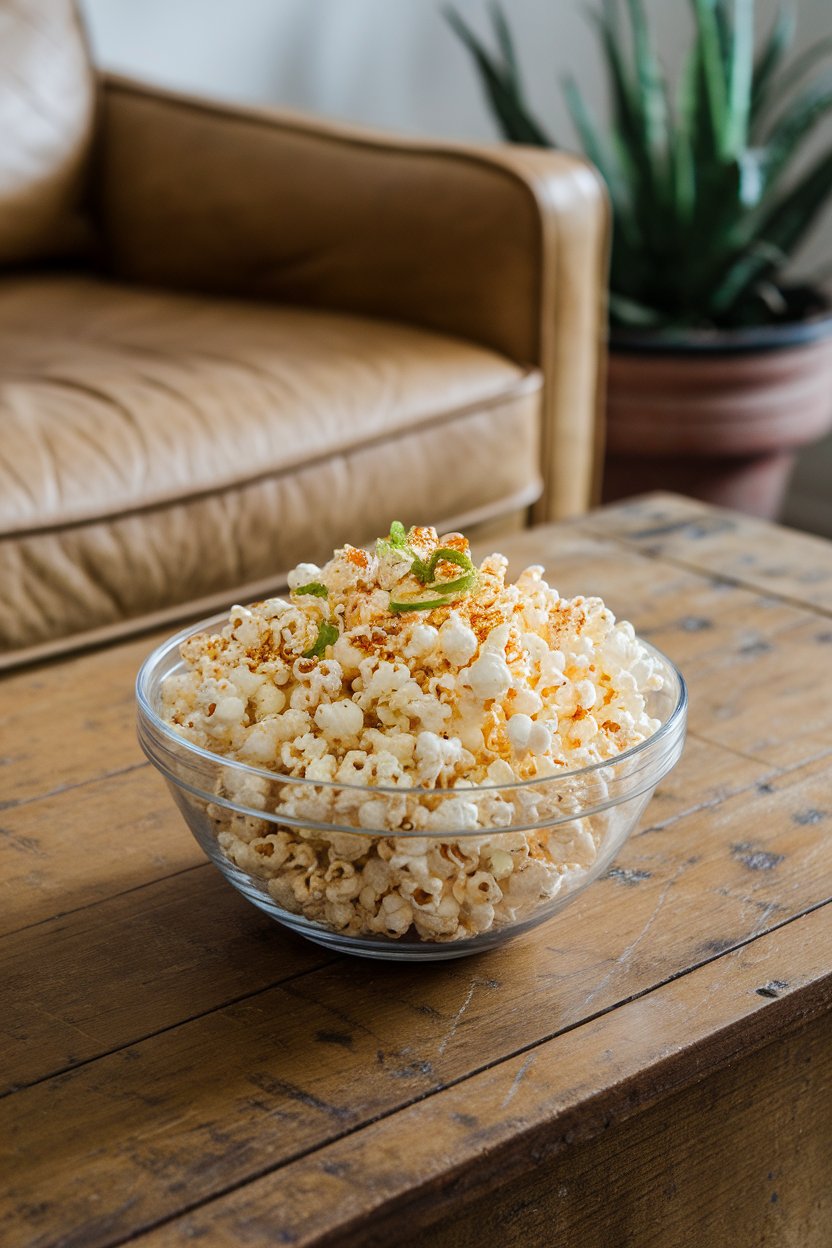 Indoor bowl on a coffee table filled with air-popped popcorn sprinkled with chili powder and lime zest. No text or logos.
