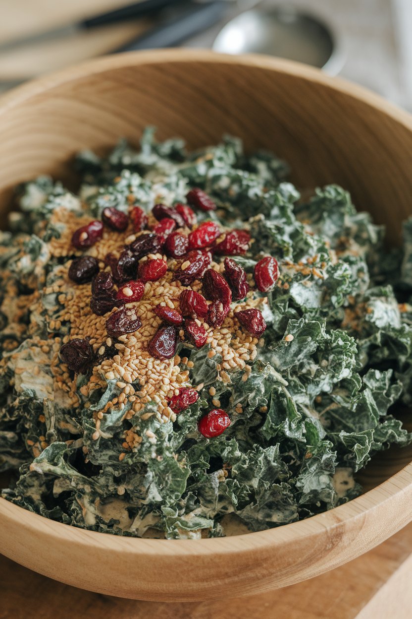 Indoor salad bowl of shredded kale coated in creamy tahini dressing with sesame seeds—no text or logos.