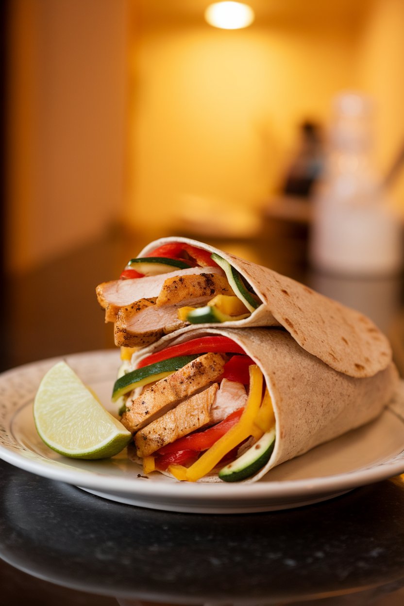 A warmly lit indoor countertop showing a sliced whole-wheat wrap stuffed with grilled chicken strips, red pepper, yellow pepper, and julienned zucchini; served on a white plate with a lime wedge. No text or logos present. Photo only.