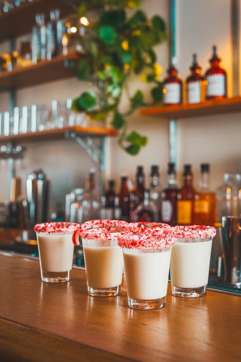 Photo of peppermint-white shots rimmed with crushed red-and-white candy, indoor bar scene, no branding.