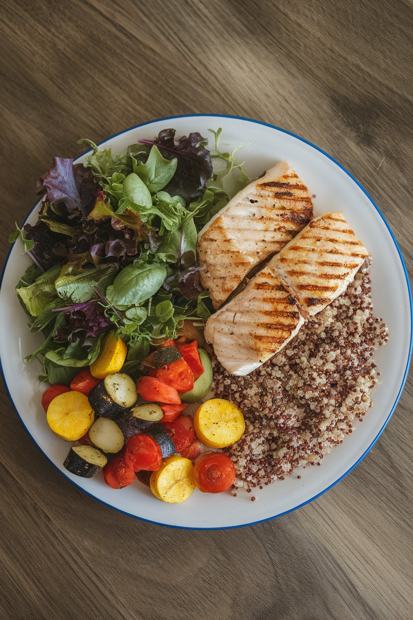 Dinner plate where half is filled with mixed salad greens and roasted veggies, remaining section has grilled fish and quinoa, no logos.