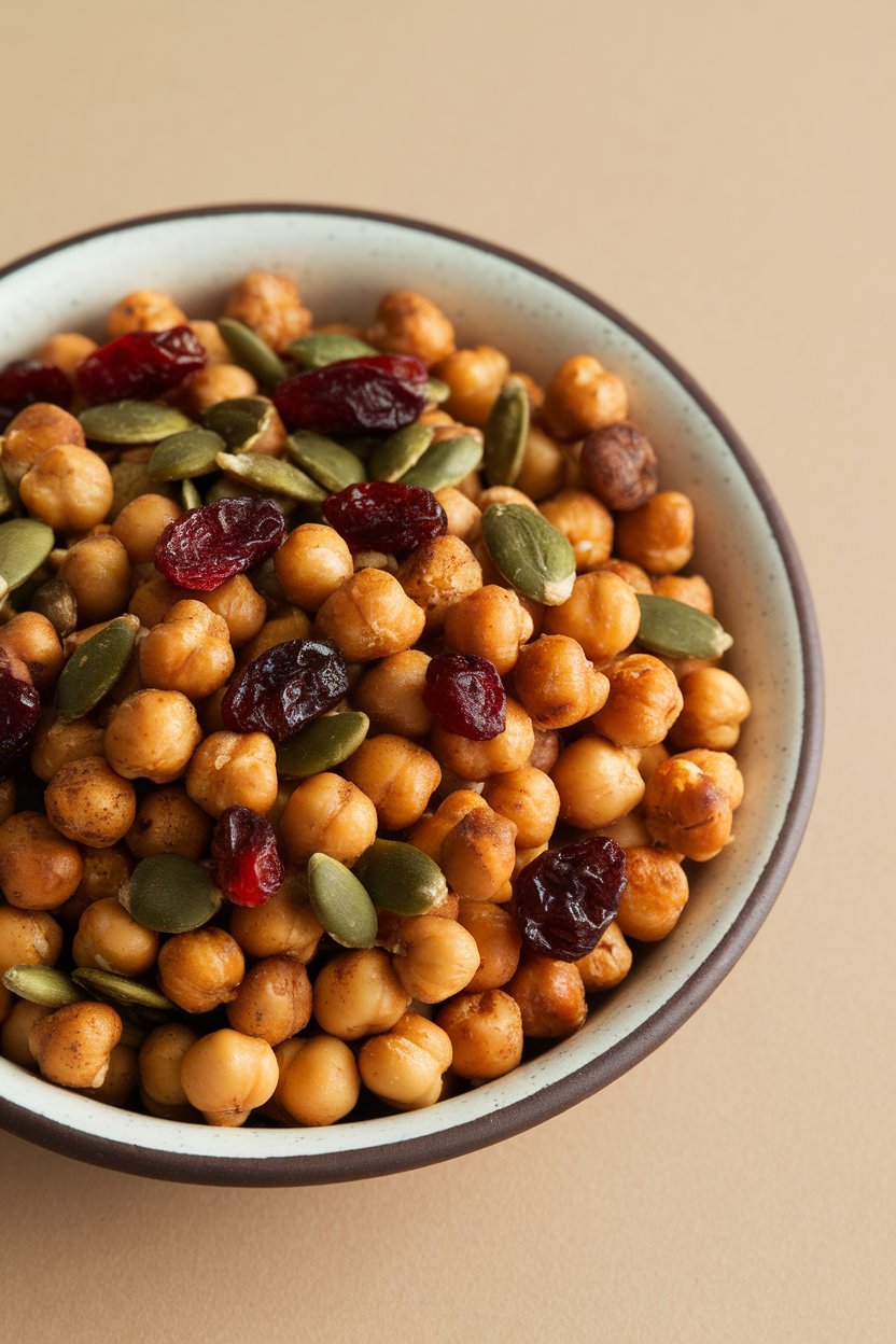 An indoor bowl of crunchy roasted chickpeas mixed with pumpkin seeds and dried cranberries, simple background, no text or logos.