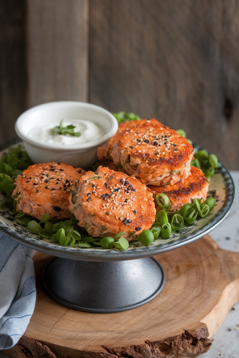 Indoor serving platter with golden pan-seared salmon cakes sprinkled with sesame seeds, small bowl of yogurt dipping sauce on side. No text or logos, photo not illustration.