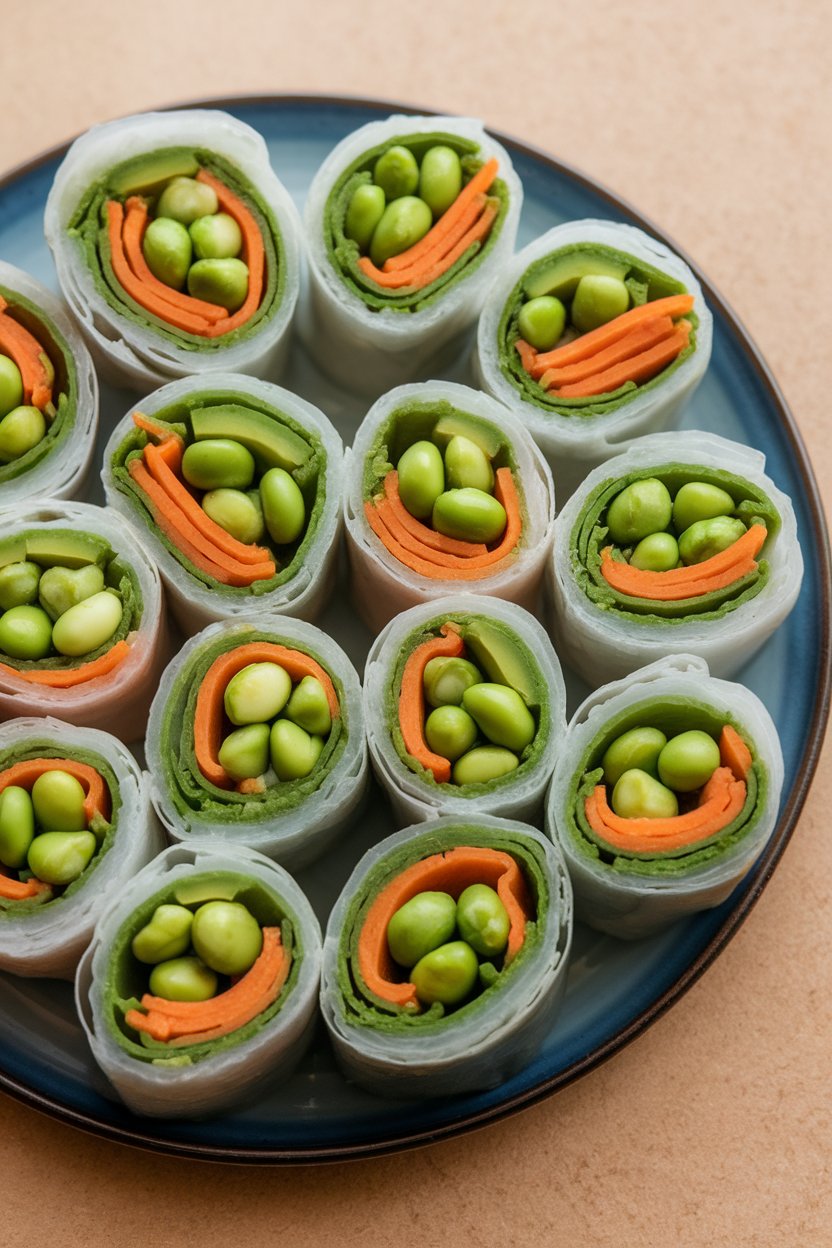 Indoor plate of translucent rice paper rolls showing green avocado, edamame, and carrot ribbons inside. No text or logos.