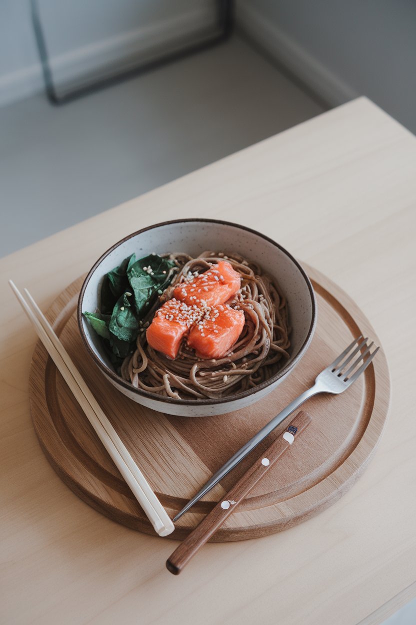 Indoor table with a bowl of soba noodles, miso-glazed salmon chunks, baby spinach, and sesame seeds. No text or logos.