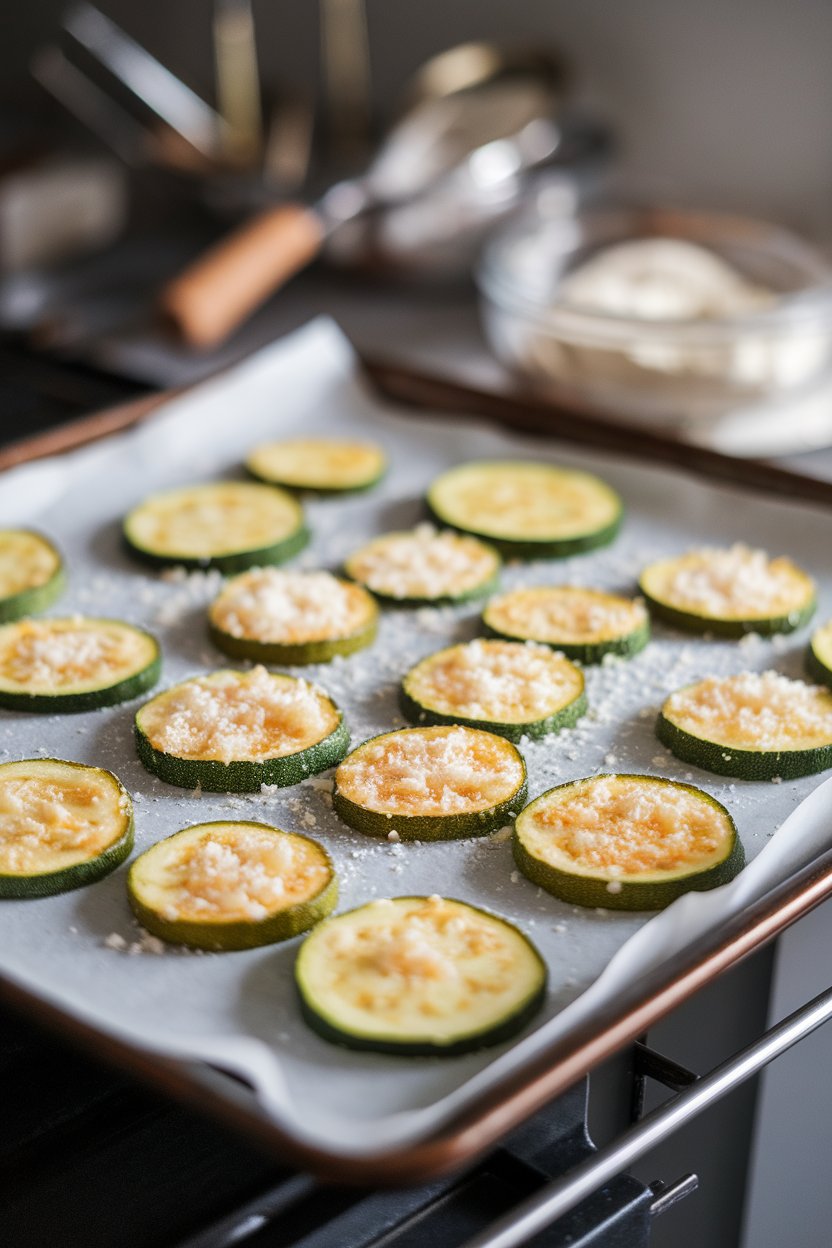 Photo of an indoor baking sheet lined with golden zucchini chips sprinkled with grated Parmesan, no text or logos.