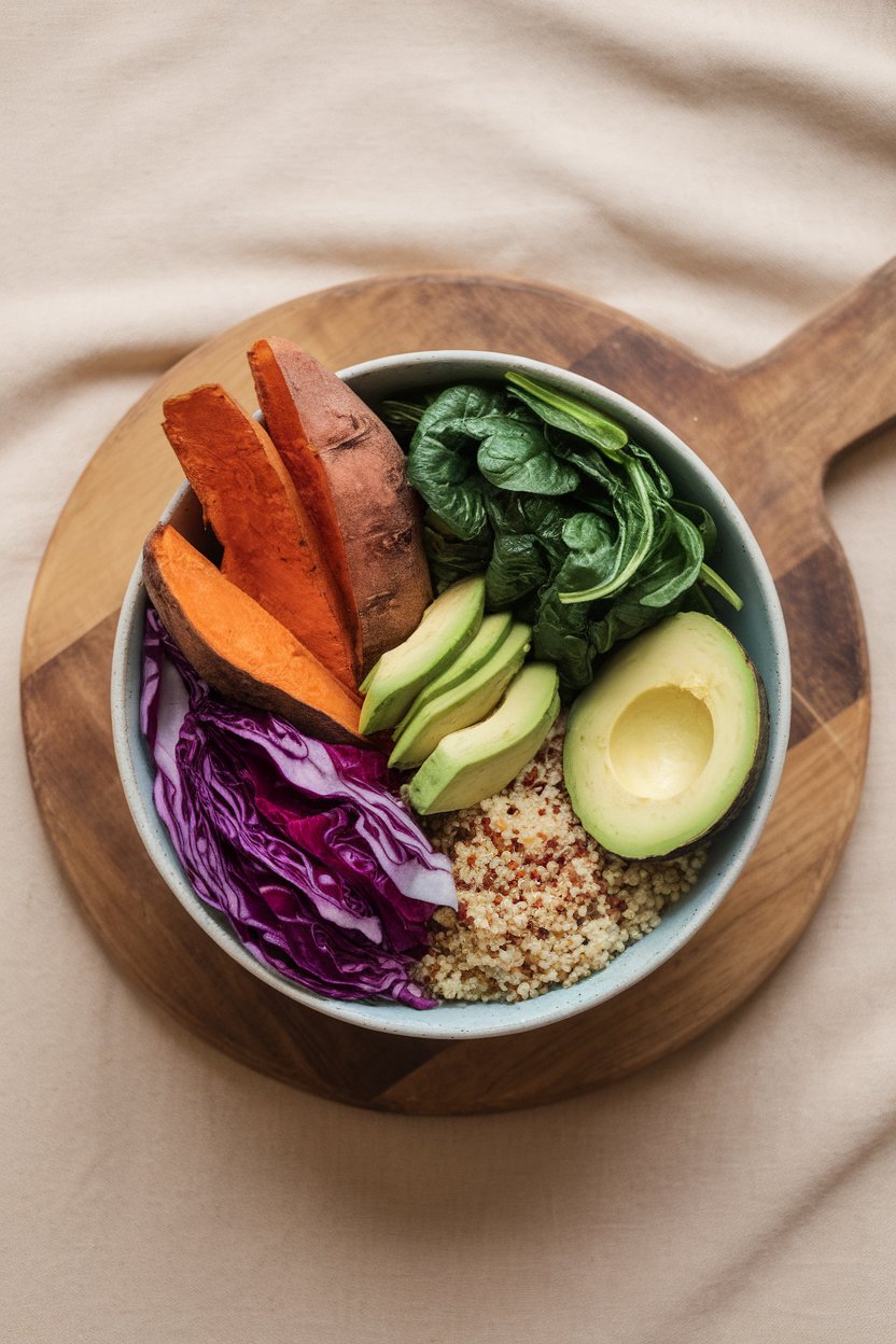 Indoor flat-lay photo of a bowl arranged with roasted sweet potato, wilted spinach, purple cabbage, quinoa, and sliced avocado laid out in colorful sections. No text or logos.