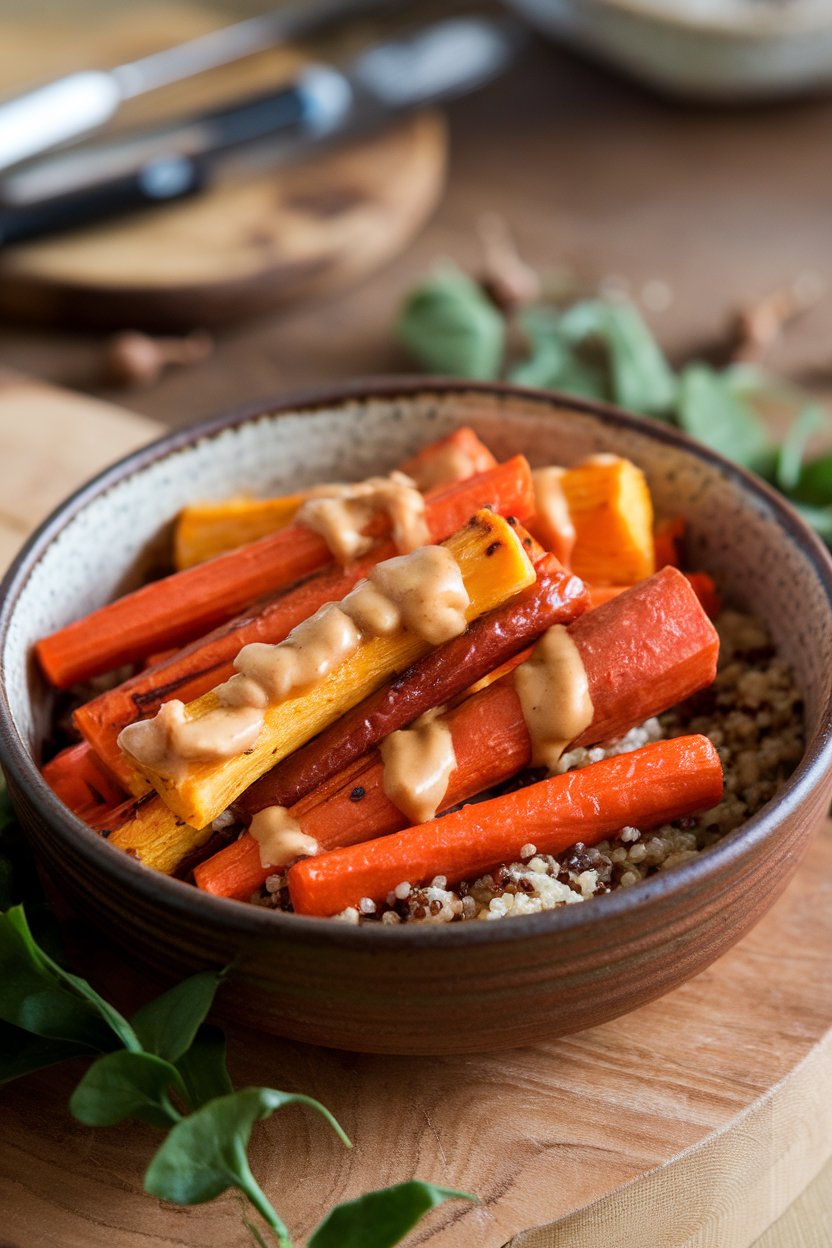 An indoor ceramic bowl loaded with roasted carrots, parsnips, and sweet potatoes glazed with maple-Dijon sauce, quinoa underneath. No text or logos; photo, not illustration.