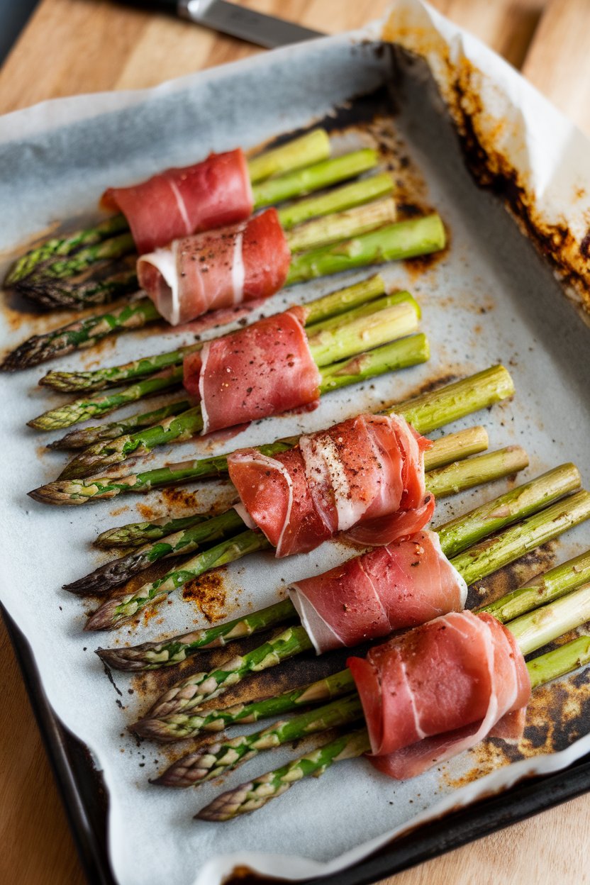 A parchment-lined indoor baking sheet with roasted asparagus spears wrapped in thin prosciutto slices, pepper flakes sprinkled on top. No text or logos. Photo.
