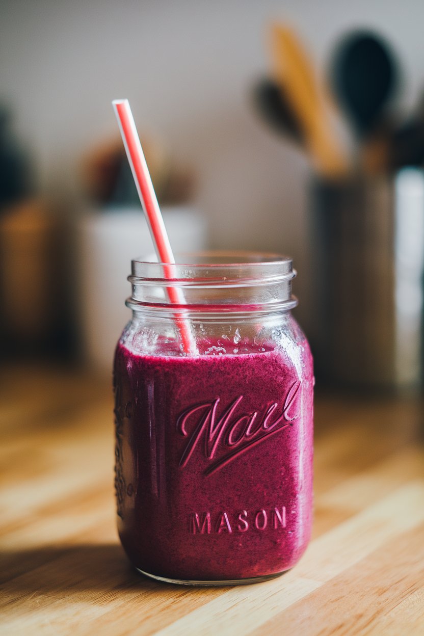 An indoor countertop with a mason jar filled with bright magenta smoothie and a reusable straw, condensation forming on the glass. No logos. Photo.