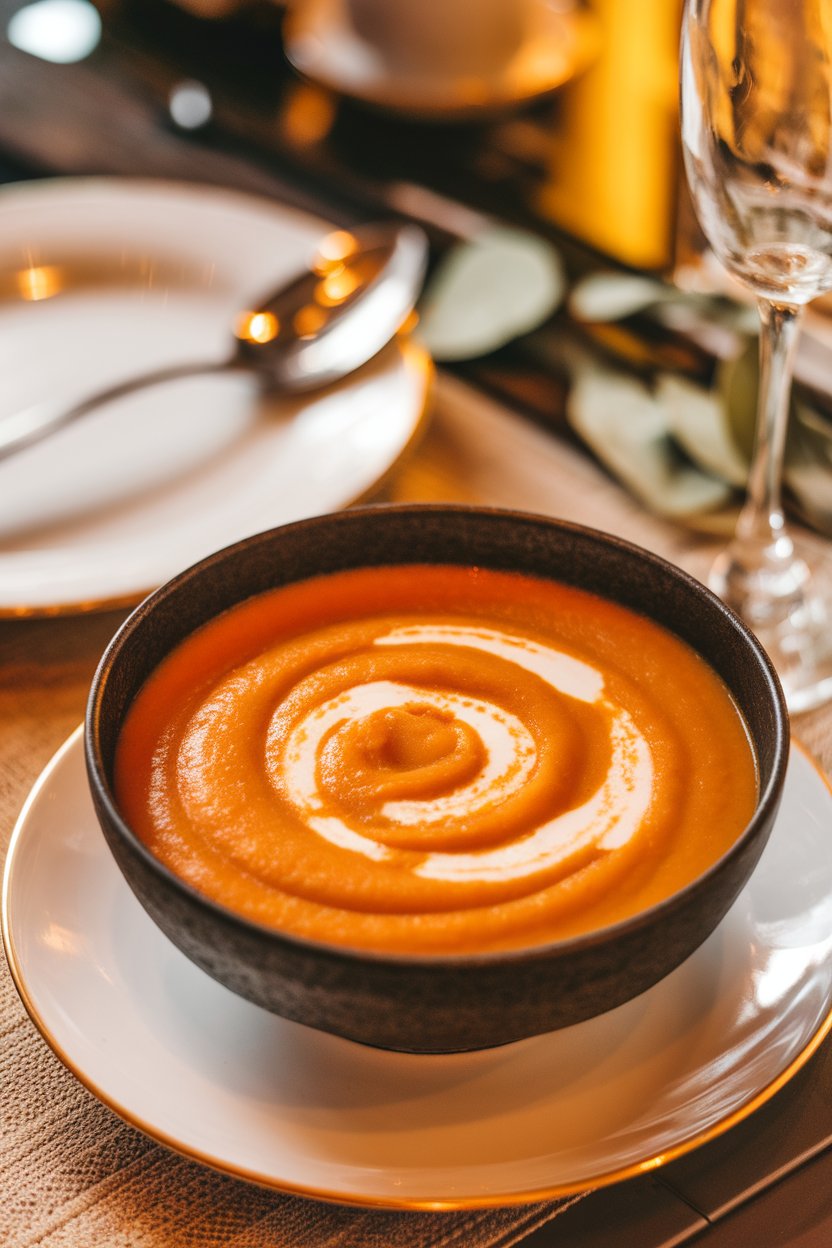 Photo of a smooth orange soup in a bowl with a swirl of coconut milk, shot indoors on a dinner table. No text or logos in scene.