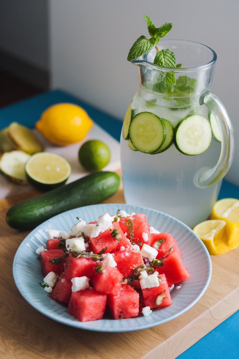 An indoor pitcher of cucumber lemon water beside a plate of watermelon and feta salad; no text or logos. Photo.