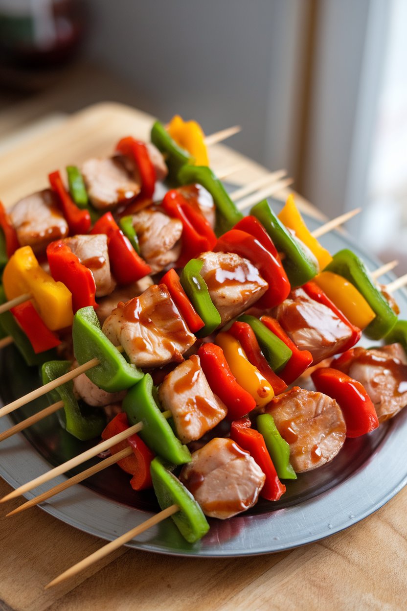 Photo of cooked chicken and bell pepper skewers brushed with teriyaki sauce on an indoor platter; no text or logos visible.